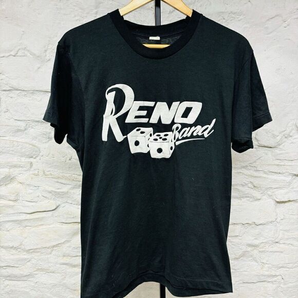 VINTAGE 80s 90s Reno Nevada Band Single Stitch Shirt Puff Print Black Biker - Picture 1 of 5